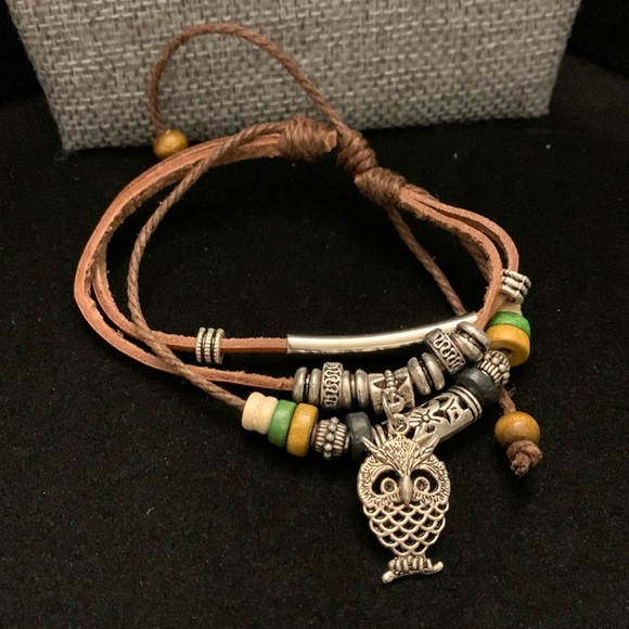 Jewelry - ♥️ Sale 3for$15! Adjust Leather Beaded Bracelet w/ Owl Charm fits size 7” & up